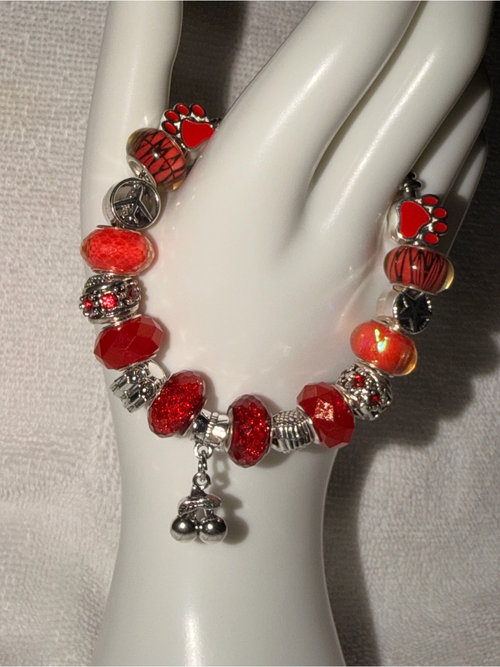 Red Bead Charm Bracelet with Paw and Bell Accents